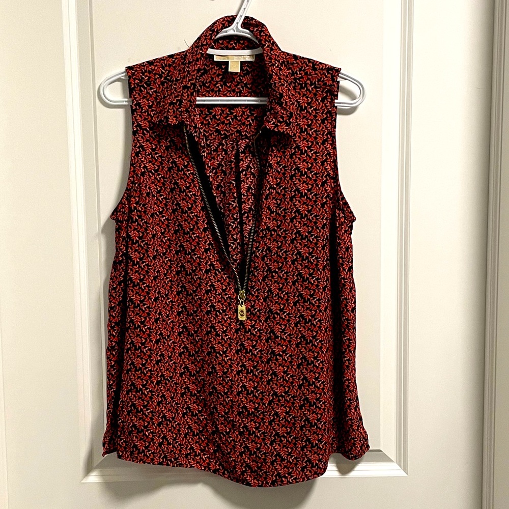 Michael Kors Sleeveless Blouse Size M black with pink leaves